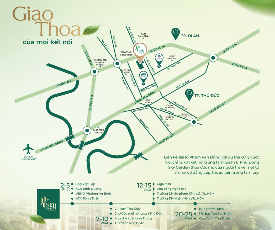 Tọa lạc ngay nút giao Phạm Văn Đồng (Tp Thủ Đức) và Quốc lộ 1A, căn hộ Phú Đông Sky Garden sở hữu cho mình vị trí cực kỳ đắc địa và chiến lược. Từ dự án dễ dàng giao thương kết nối đến: - Trung tâm Thành phố Hồ Chí Minh, 15p sân bay Tân Sơn Nhất qua Đại lộ Phạm Văn Đồng. - Thành phố Dĩ An, Thành phố Biên Hòa qua Quốc lộ 1K. - Các tỉnh miền Tây qua Quốc lộ 1A các tuyến đường Vành đai 2-3.