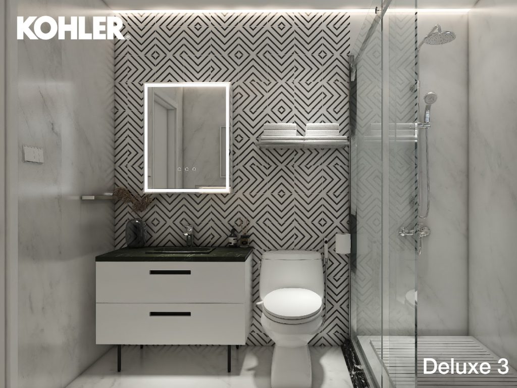 THIẾT BỊ VỆ SINH- Lavabo, bồn cầu, vòi nước, chậu..: Hafele, Kohler - Máy nước nóng: Ferroli, Ariston hoặc tương đương. Vách kính tắm cường lực cao cấp