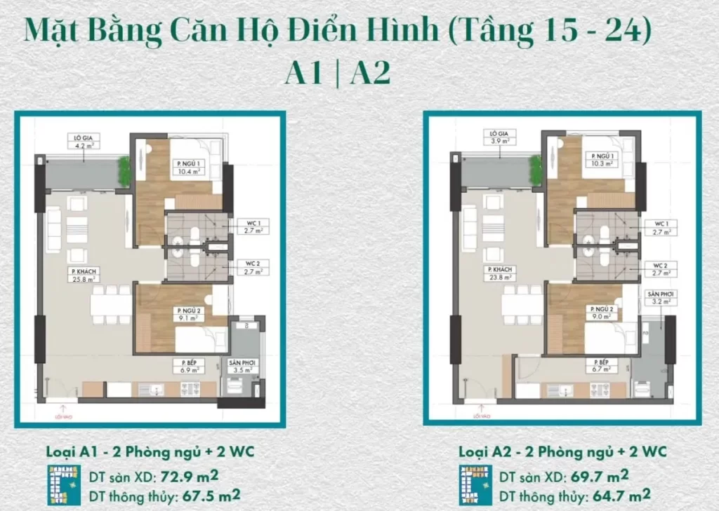 Mặt bằng căn hộ điển hình loại 2 PN -2WC 
