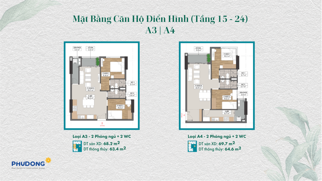 Mặt bằng căn hộ điển hình loại 2 PN -2WC 