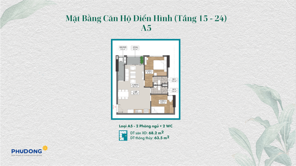 Mặt bằng căn hộ điển hình loại 2 PN -2WC 
