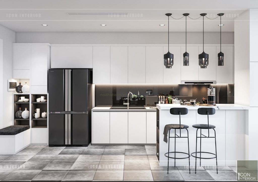 BẾP - Tủ bếp trên & dưới: MDF tương đương - Mặt bếp: đá Granite hoặc tương đương - Kính màu hoặc gạch ốp bếp cao cấp - Chậu rửa, bếp điện, máy hút mùi: Hafele, Teka hoặc tương đương